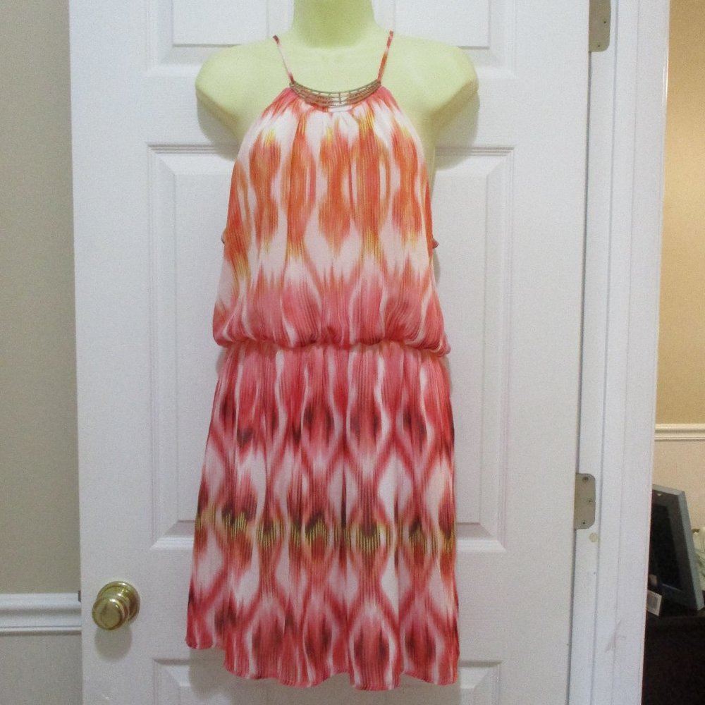 Charlotte Russe Bright Pink Orange Chiffon Summer Dress Embellished Neckline NWT